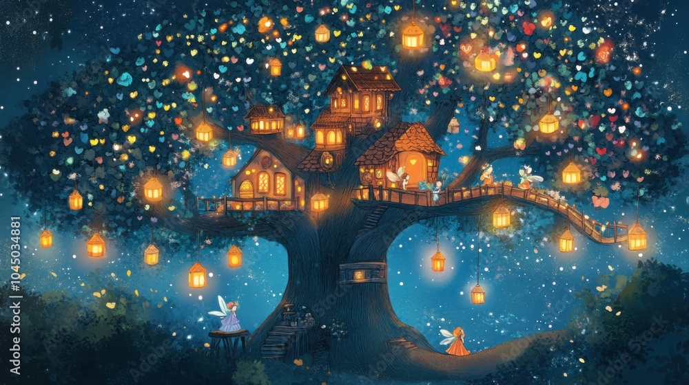 Fototapeta premium Within a vibrant tree adorned with glowing lanterns, fairies and elves joyfully play. Colorful leaves dance in the warm night air, creating an enchanting fairy-tale atmosphere.