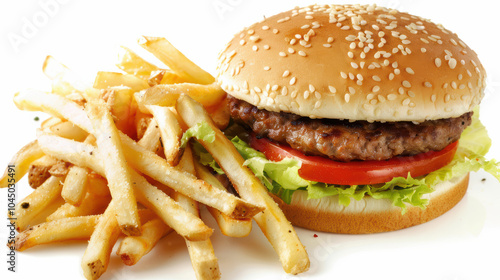 Delicious close up of hamburger with sesame seed bun, fresh lettuce, and tomato, served alongside crispy French fries, creating mouthwatering meal experience