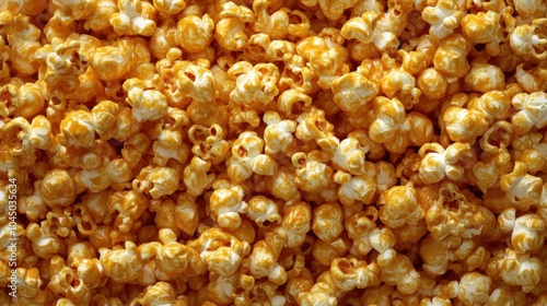 A surface densely covered with golden caramel popcorn, filling every inch of the frame with its rich, crunchy texture and glossy, sweet coating.