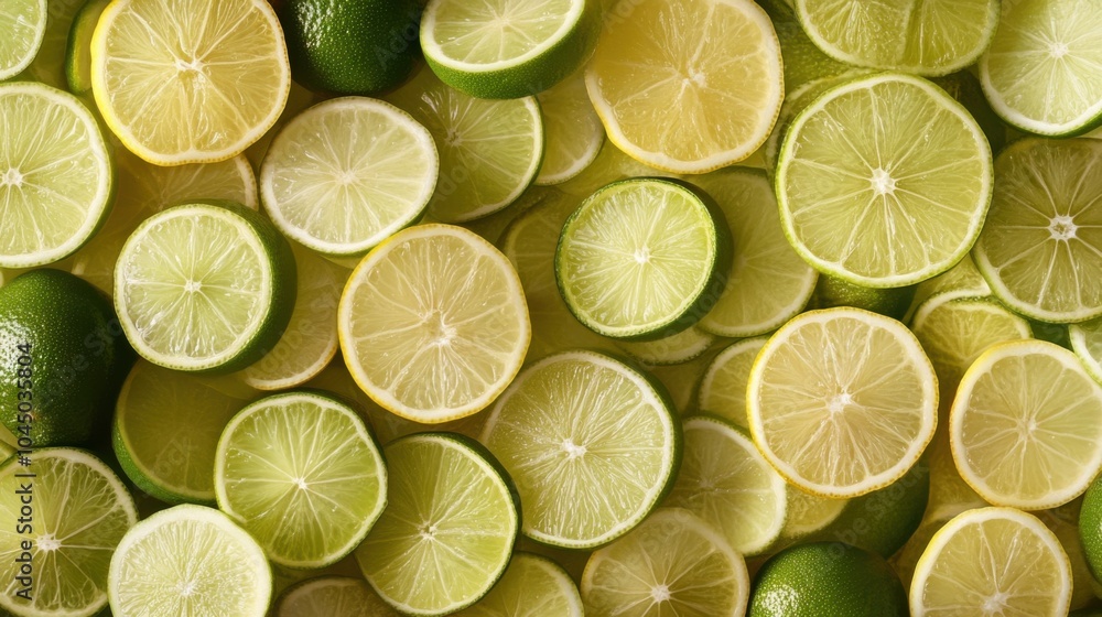 A seamless spread of sliced limes and lemons, tightly packed together to fill the entire frame with their vibrant, zesty textures and juicy appearance. A seamless spread of sliced limes and lemons, tightly packed together to fill the entire frame with their vibrant, zesty textures and juicy appearance.