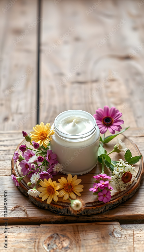 body cream and wildflowers on wooden table isolated with white highlights, png