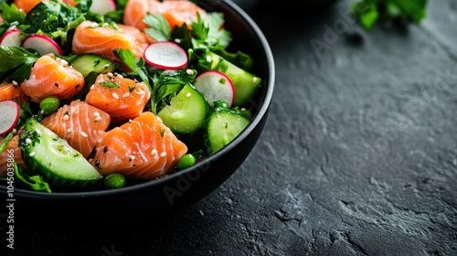 A delightful mix of fresh salmon, crisp greens, radishes, and cucumbers, artfully served in a black bowl, highlighting a balance of colors and flavors.