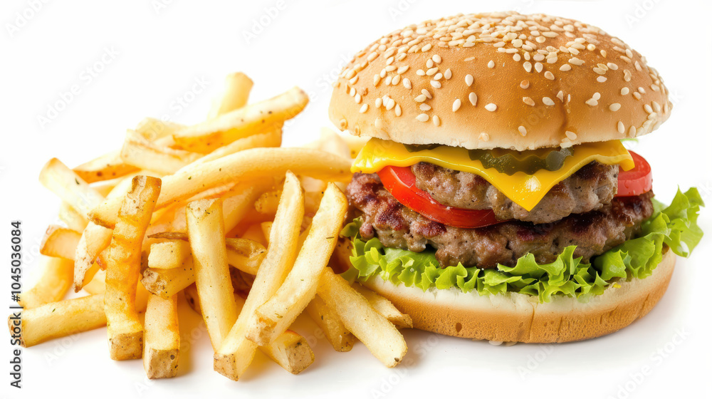 Delicious close up of hamburger with cheese, lettuce, and fresh vegetables, served alongside crispy French fries, perfect for satisfying meal Delicious close up of hamburger with cheese, lettuce, and fresh vegetables, served alongside crispy French fries, perfect for satisfying meal
