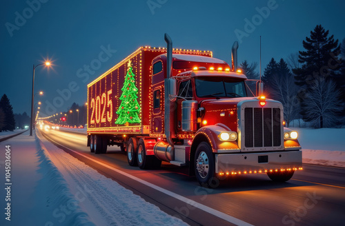 Christmas Decorated Semi Truck with the number 2025 on the side of the container on winter highway. 