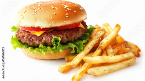 delicious close up of hamburger with fresh lettuce, tomato, and cheese, accompanied by crispy French fries, creating mouthwatering meal