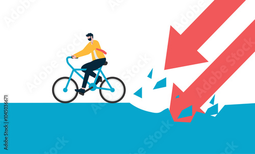 Businessman fleeing a group of falling arrows destroying the ground

