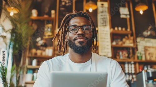 A stylish individual with glasses uses a laptop in a modern café, surrounded by wooden shelves and warm lighting, reflecting urban lifestyle and creativity.