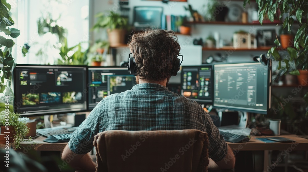 Focused Filmmaker Editing on Multiple Monitors in Cozy Home Studio. Focused Filmmaker Editing on Multiple Monitors in Cozy Home Studio.