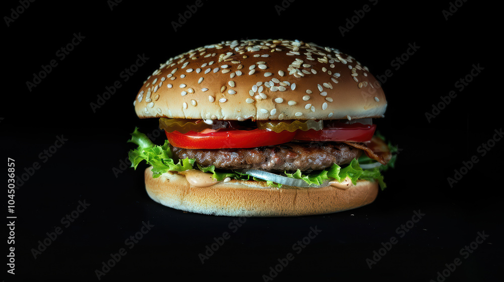 delicious close up of hamburger featuring sesame seed bun, fresh lettuce, juicy tomato slices, and savory beef patty, all set against black background delicious close up of hamburger featuring sesame seed bun, fresh lettuce, juicy tomato slices, and savory beef patty, all set against black background