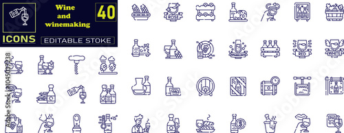 Set of line icons in linear style. Set - Wine and winemaking.