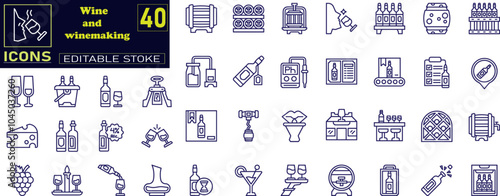 Set of line icons in linear style. Set - Wine and winemaking.