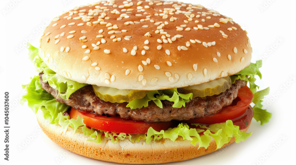 delicious close up of hamburger featuring sesame seed bun, fresh lettuce, juicy tomato, pickles, and beef patty, perfect for any meal delicious close up of hamburger featuring sesame seed bun, fresh lettuce, juicy tomato, pickles, and beef patty, perfect for any meal