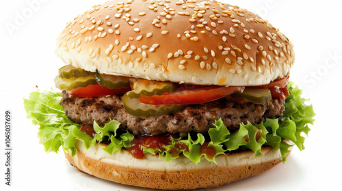 delicious close up of hamburger featuring sesame seed bun, fresh lettuce, juicy beef patty, pickles, and tomatoes, perfect for food lovers