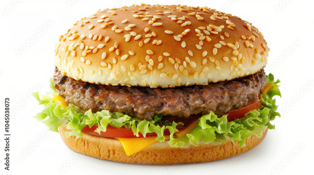 Delicious close up of hamburger featuring sesame seed bun, fresh lettuce, tomato, and melted cheese, perfect for satisfying meal Delicious close up of hamburger featuring sesame seed bun, fresh lettuce, tomato, and melted cheese, perfect for satisfying meal