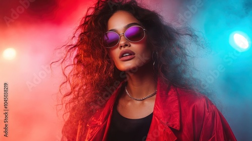 A confident woman with curly hair and sunglasses poses against a dynamic, colorful backdrop, exuding a bold sense of style, modernity, and artistry.