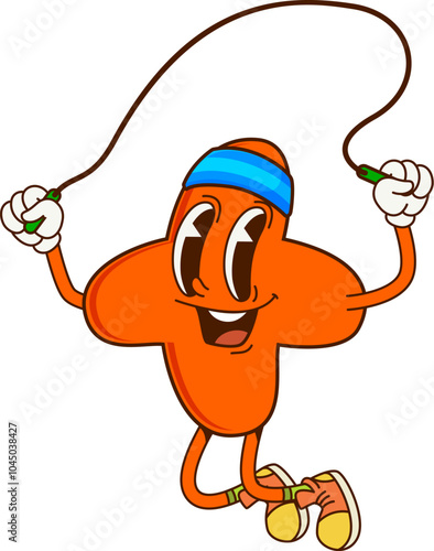Cartoon plus math number symbol groovy character energetically jump roping, promoting fitness and fun. Vector funny arithmetic sign engage in sports workout embodies an active lifestyle and exercise