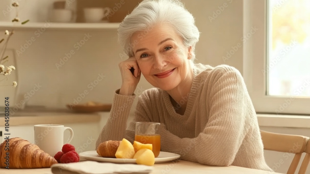 A cheerful senior woman enjoys breakfast with croissants and coffee at a cozy table, highlighting a peaceful morning and healthy lifestyle.
A cheerful senior woman enjoys breakfast with croissants and coffee at a cozy table, highlighting a peaceful morning and healthy lifestyle.