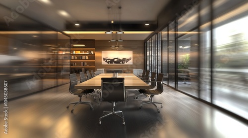 An abstract and blurred background depicts a modern office meeting room with lighting. The defocused and unfocused photo captures the beauty of the interior while adding a touch of mystery