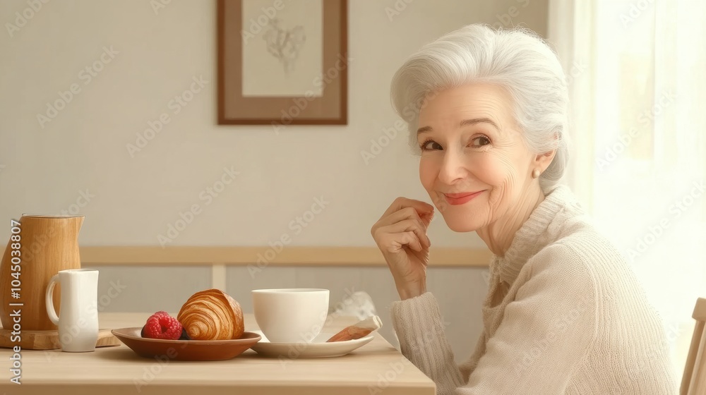 A cheerful senior woman enjoys breakfast with croissants and coffee at a cozy table, highlighting a peaceful morning and healthy lifestyle.
A cheerful senior woman enjoys breakfast with croissants and coffee at a cozy table, highlighting a peaceful morning and healthy lifestyle.