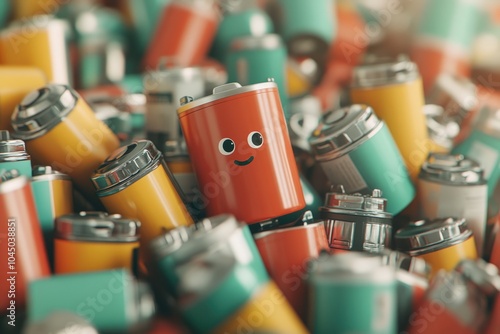 Smiling Battery Amidst Colorful Cylinders: A cheerful scene of vibrant energy!