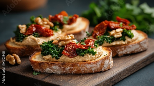 This image showcases toasted bread artfully topped with kale, sun-dried tomatoes, walnuts, and hummus, presenting a delicious and vibrant appetizer choice.