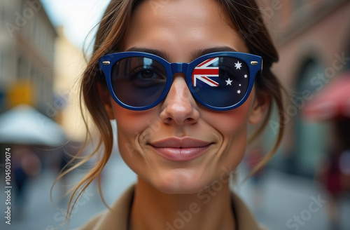 A closeup portrait of a young woman is proudly wearing sunglasses that reflect the Australian flag's design. Australia Day concept