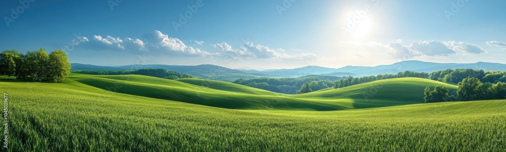 Obraz premium Grassy hills with trees and mountains in the distance