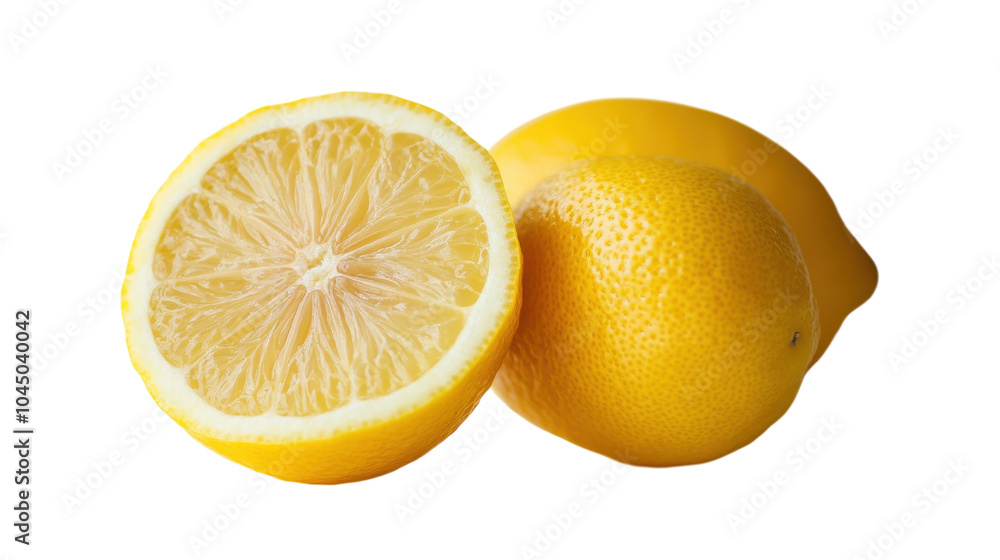 Freshly sliced lemon showcasing vibrant color and juicy texture against a clean background Freshly sliced lemon showcasing vibrant color and juicy texture against a clean background