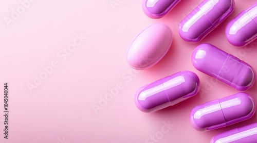 A composition of purple and pink capsules scattered aesthetically on a light pink surface, exuding a sense of modernity and innovation, perfect for health themes.