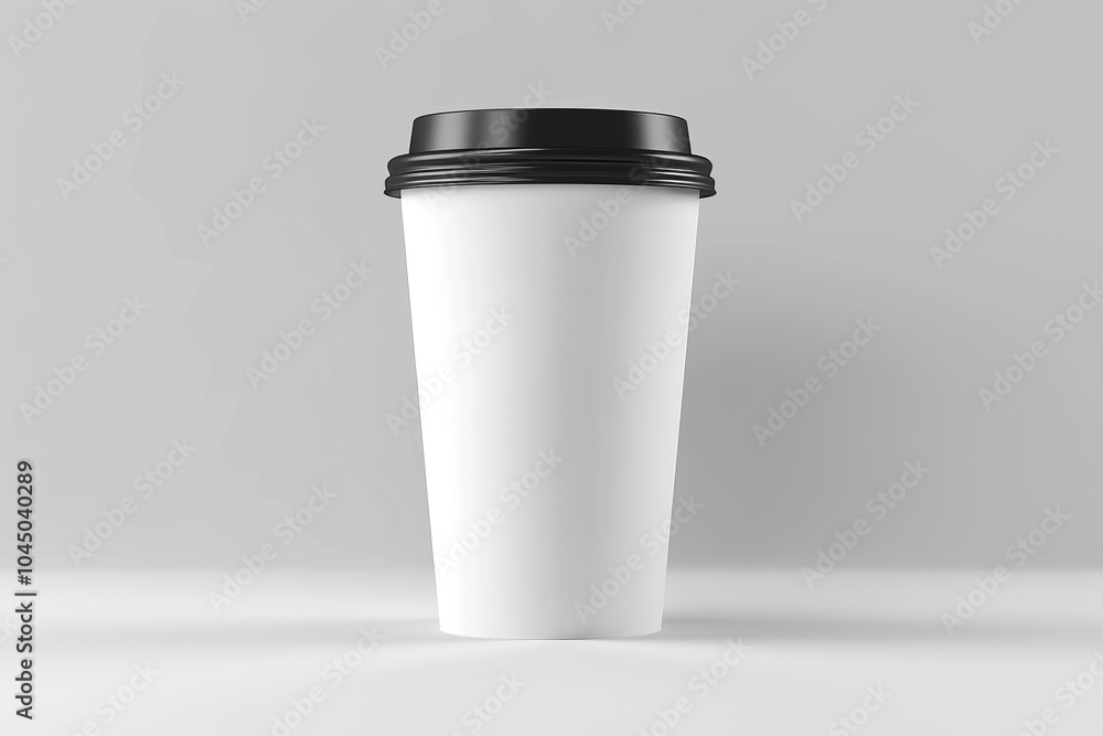 Minimalist white disposable coffee cup with black lid on a light gray background. Disposable cup mockup. Minimalist white disposable coffee cup with black lid on a light gray background. Disposable cup mockup.