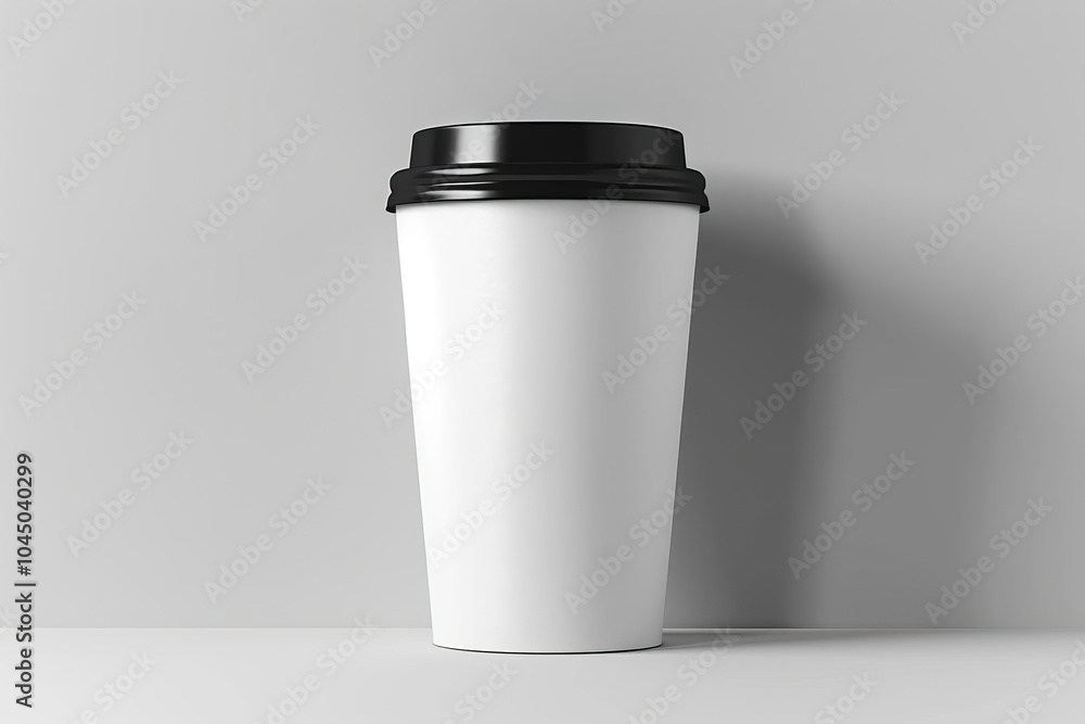 Minimalist white disposable coffee cup with black lid on a light gray background. Disposable cup mockup. Minimalist white disposable coffee cup with black lid on a light gray background. Disposable cup mockup.