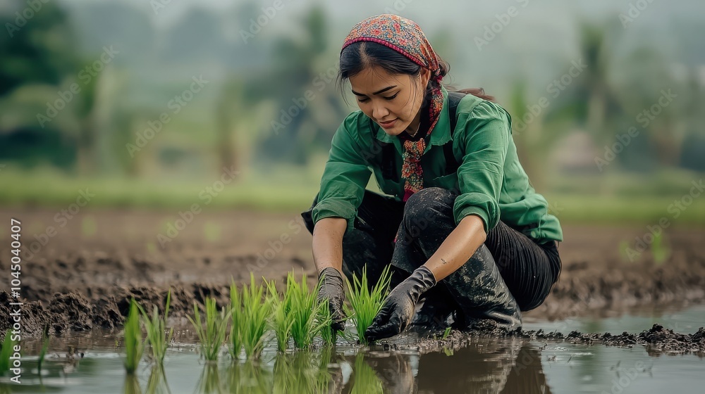 Female farmer planting rice seedlings in lush green paddy fields Female farmer planting rice seedlings in lush green paddy fields