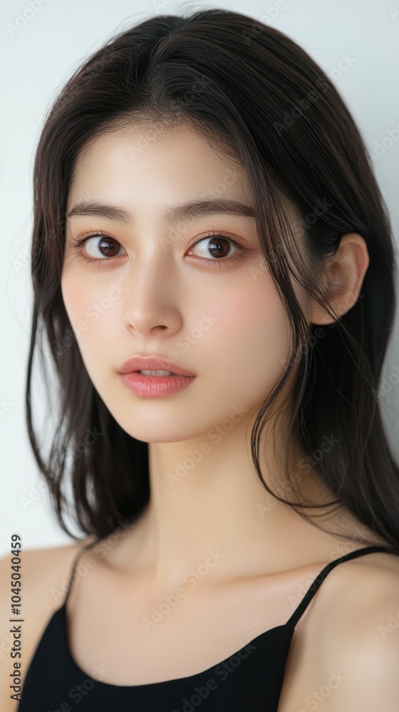 長い髪と中立的な表情を持つ若い女性の優雅な肖像画 長い髪と中立的な表情を持つ若い女性の優雅な肖像画