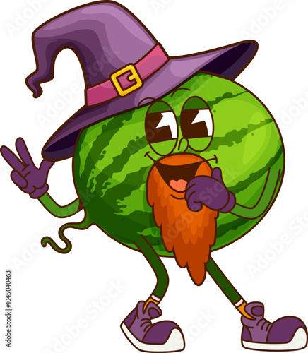 Groovy watermelon fruit Halloween wizard character. Fresh juicy fruit sorcerer childish 60s 70s vector mascot, sweet watermelon wizard or bearded mage isolated groovy fairytale personage