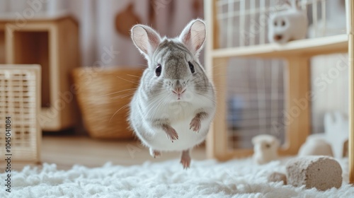 A chinchilla pet jumping around in its spacious enclosure, filled with soft bedding and chew toys photo