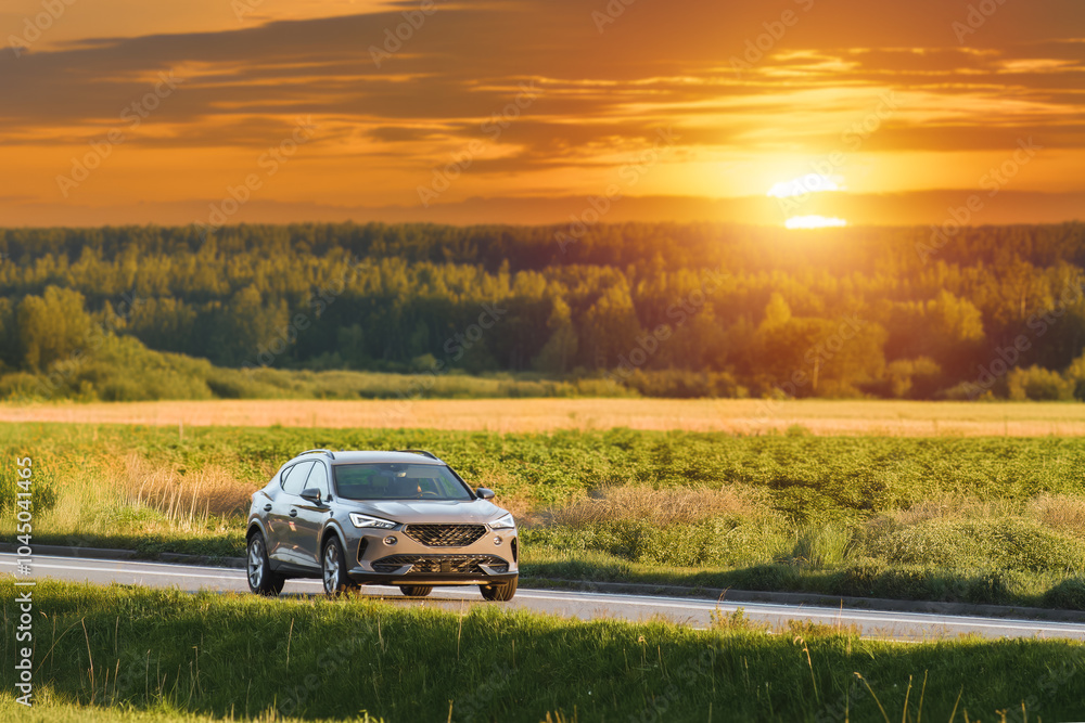 Sunset drive in a stylish SUV through rural landscape Sunset drive in a stylish SUV through rural landscape