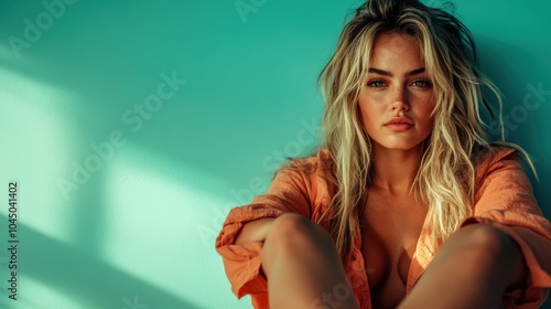 A young woman with blond hair wearing an orange shirt is seated pensively against a teal wall, the soft lighting highlighting her contemplative expression and relaxed posture.