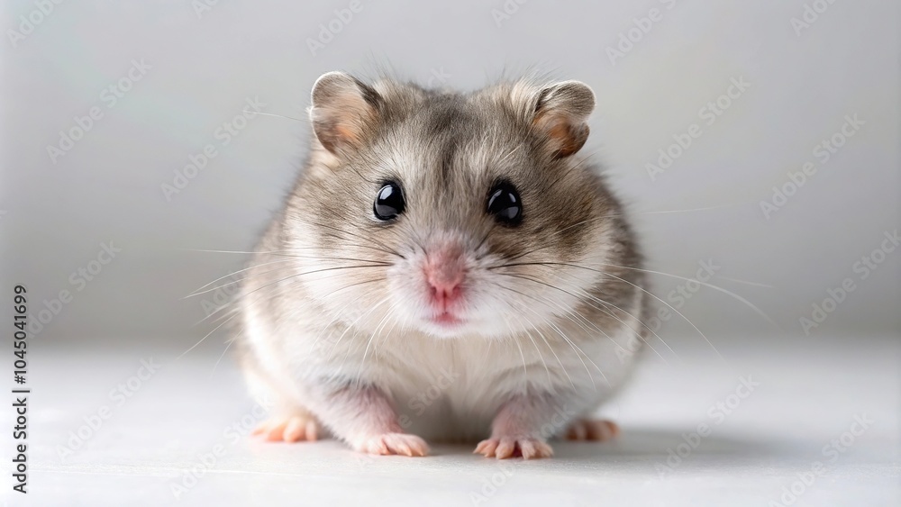 Small gray hamster from a high angle on a light background Small gray hamster from a high angle on a light background