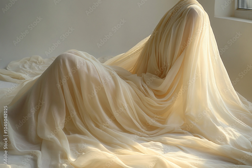 Cream-colored fabric drapes fluidly over an unseen figure, creating gentle, organic folds bathed in soft sunlight, forming an abstract, sculptural shape Cream-colored fabric drapes fluidly over an unseen figure, creating gentle, organic folds bathed in soft sunlight, forming an abstract, sculptural shape