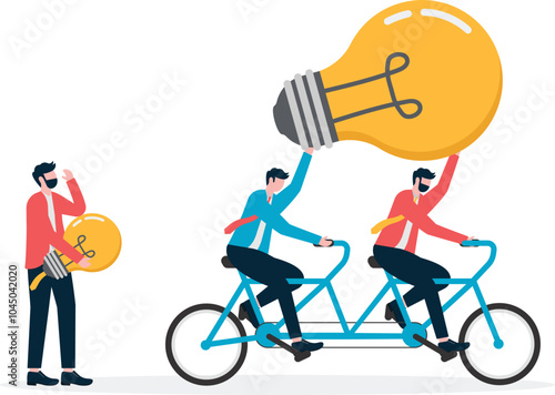 Team holding huge light bulb together and one businessman holding only small light bulb,

