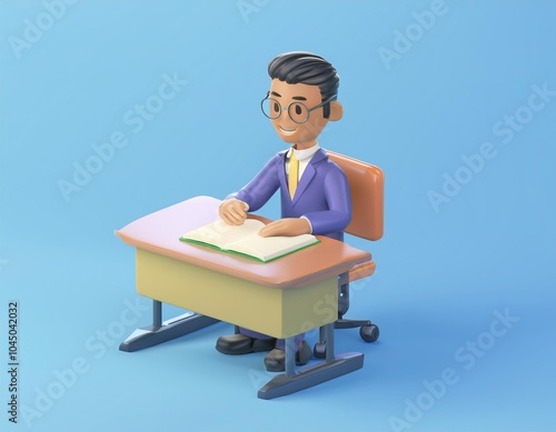 3D cartoon man sits at a desk reading a book