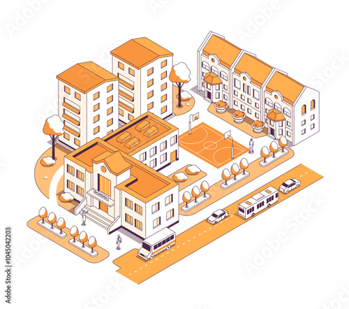 Prestigious school in a good area - vector isometric illustration. Apartment buildings in a modern city surround an educational institution for pupils in yellow color. Urban education in province idea