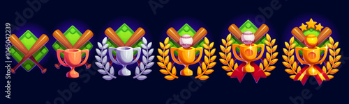 Baseball game rank award with crossed bats and laurel wreath, sport badge. Cartoon vector trophy progression representing victory, achievement, honor, success and the competitive spirit in sports