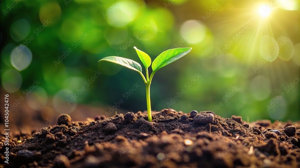 Fototapeta premium Small green plant emerging from soil with leading lines