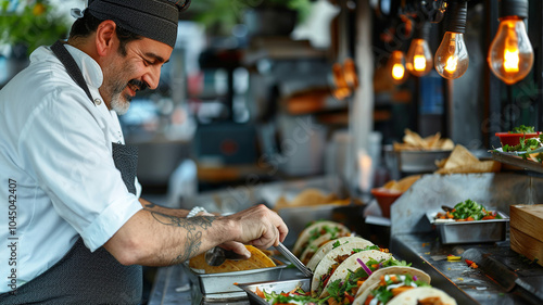 A grinning chef preparing tacos, captured from the side