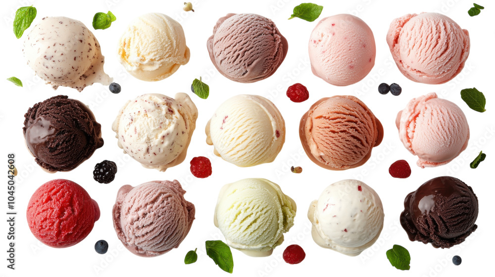 An enticing display of vibrant ice cream scoops, ranging from classic chocolate to refreshing mint An enticing display of vibrant ice cream scoops, ranging from classic chocolate to refreshing mint