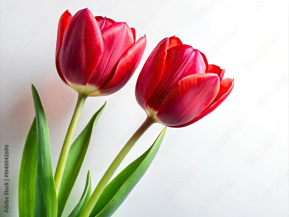 Two Elegant Red Tulips with Delicate Petals and Green Stems on White Background – Natural Beauty and Simplicity in Floral Photography Two Elegant Red Tulips with Delicate Petals and Green Stems on White Background – Natural Beauty and Simplicity in Floral Photography