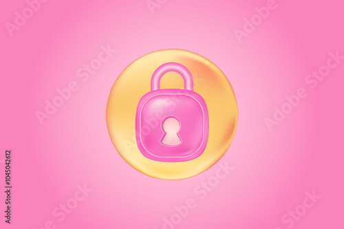 Cute 3D security padlock icon isolated, pink gradient background. Glowing glass or plastic texture safety control design element for presentation, infographics, cyber internet banner.