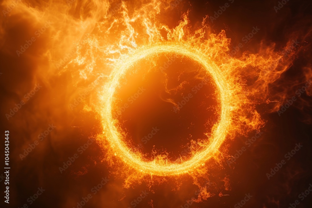 Burning circle frame of fire. Sun solar flare particles coronal mass ...