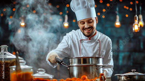 A grinning chef stirring a pot of soup, seen from the front